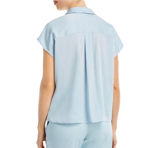 NWT HUGO BOSS Breta Short Sleeve Stretch Silk Blouse Blue Dust 2 Collared Top - Picture 3 of 5